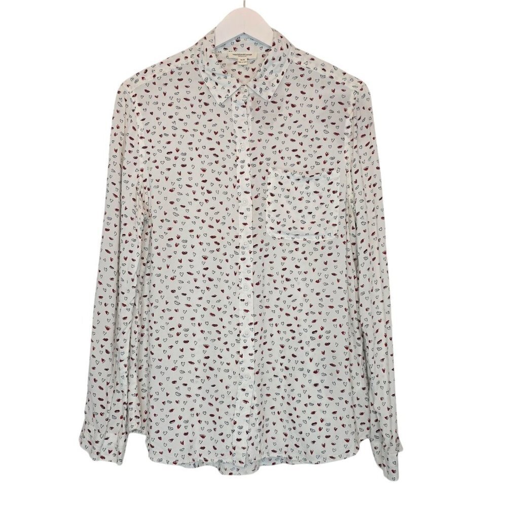 BEACHLUNCHLOUNGE Alanna Love Bites Button Up Shirt White Hearts Lip Women Medium - Picture 2 of 13